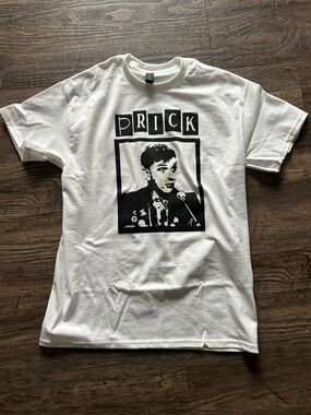 White Graphic Tee with Black Photo Print Young ones  Rik Mayall